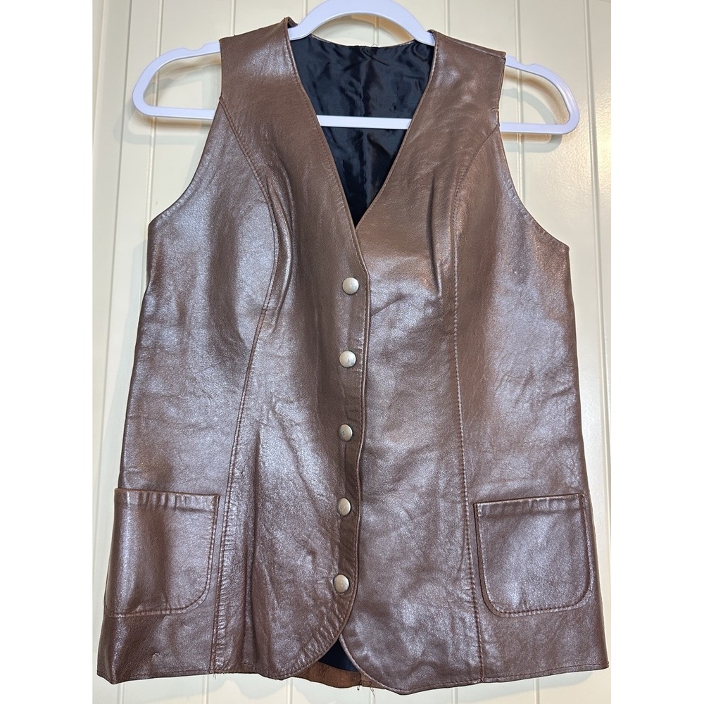 Women's brown Faux Leather Vest Western Country Rodeo Boho longer length Sz S